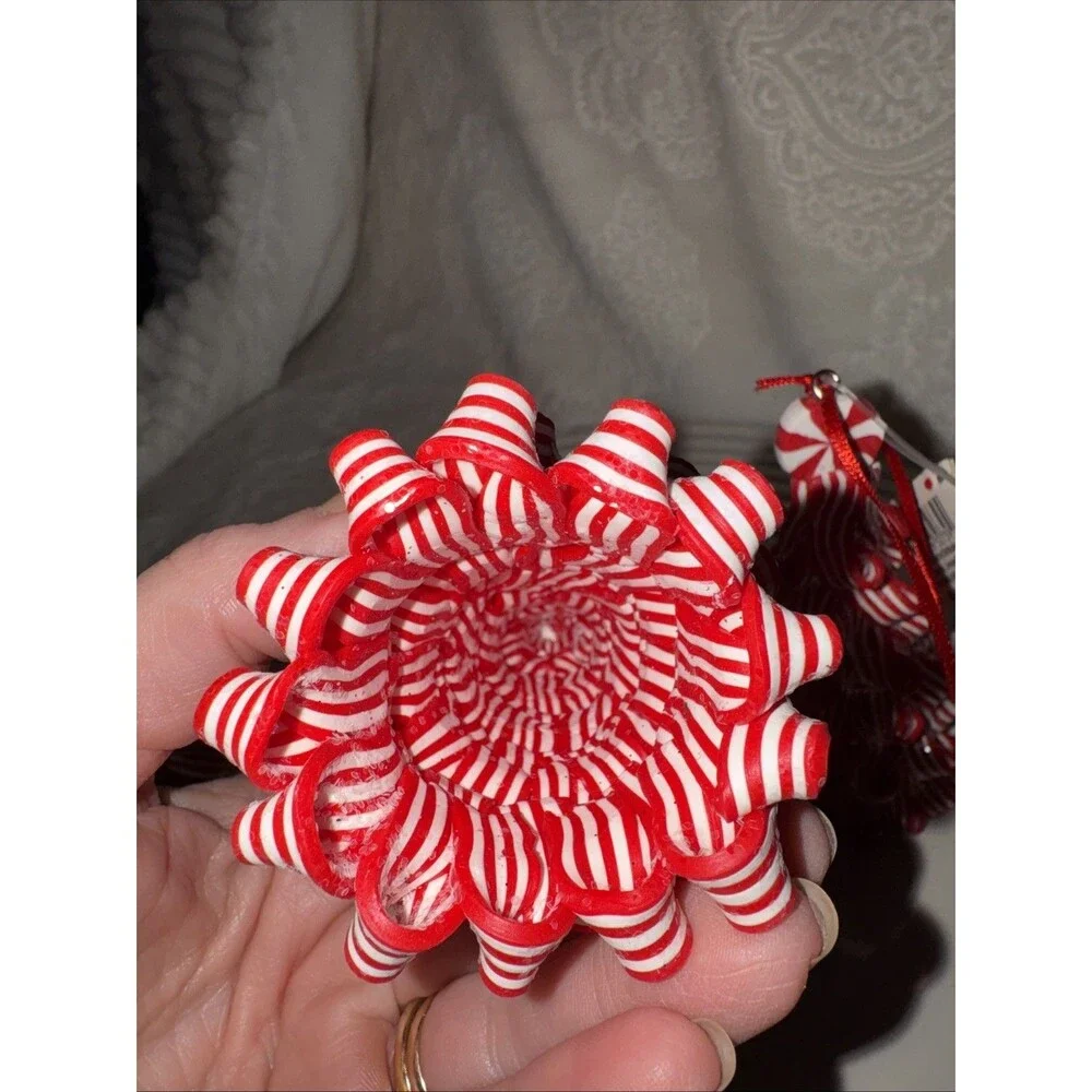 3 Christmas Ribbon Peppermint Tree Ornament Candy Cane Striped  Red White 4”